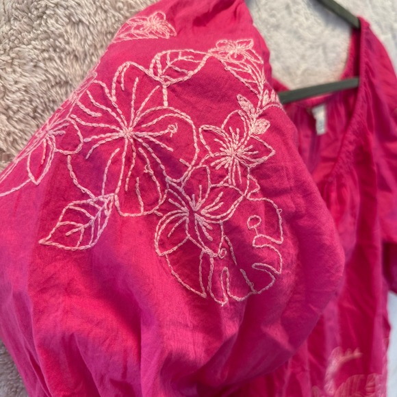 Cato Tops - Hot Pink Embroidered Peasant Top Monstera Floral Tassel Puff Sleeve Blouse M